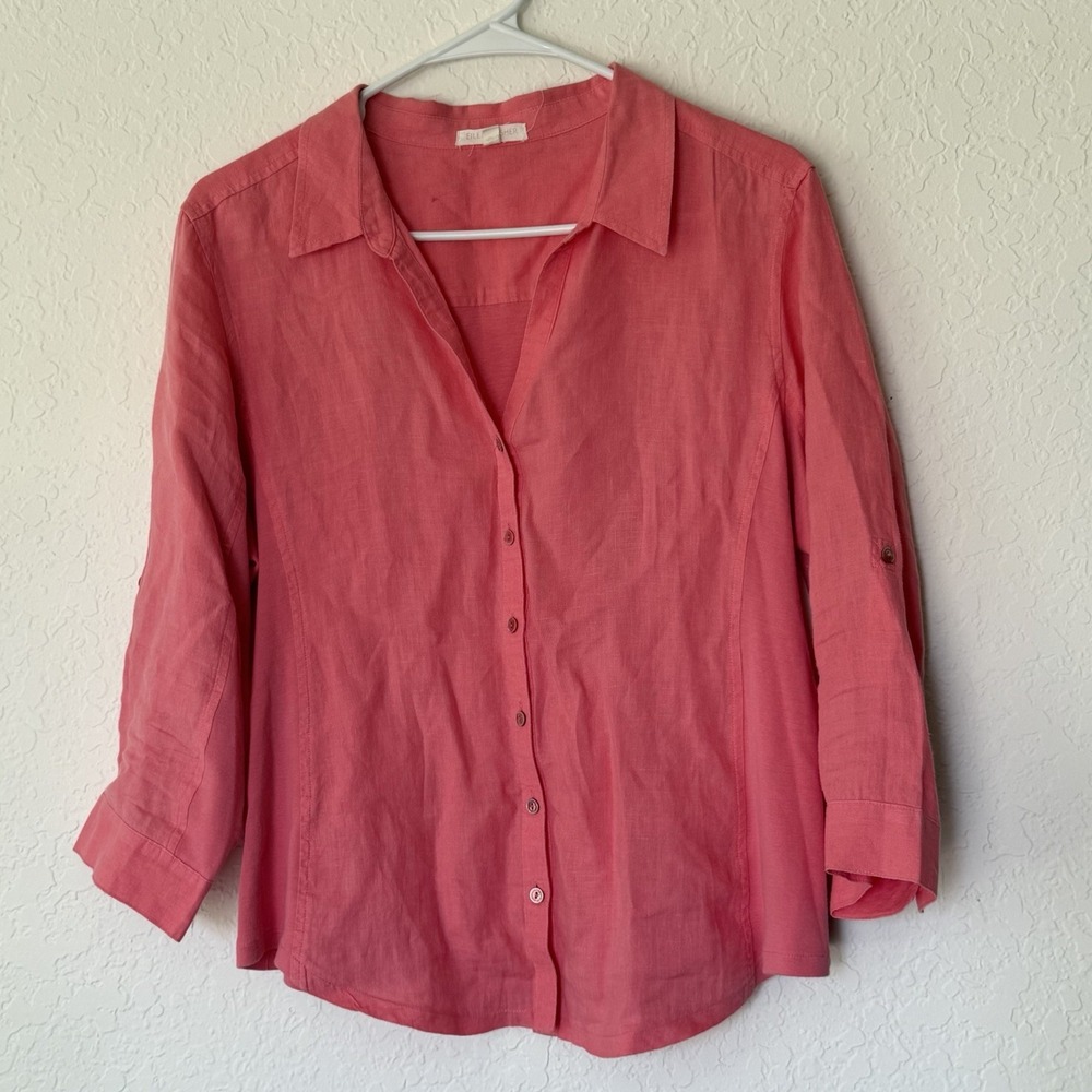 Eileen Fisher Irish Linen Cotton Button Down Shirt PETITE Medium Pink *Repaired*